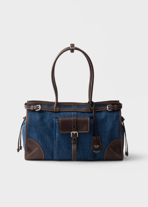 Prada Bonnie Medium Denim and Leather Handbag — Blue/Coffee