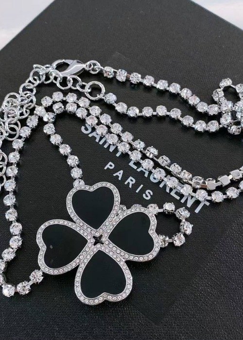 Saint Laurent Crystal Heart Clover Enamel Necklace/Choker