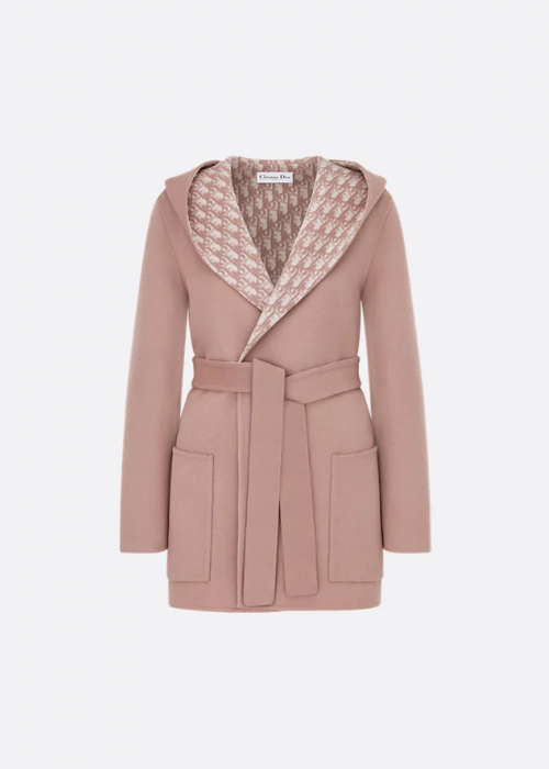 Cropped Coat with Hood and Belt Beige Double-