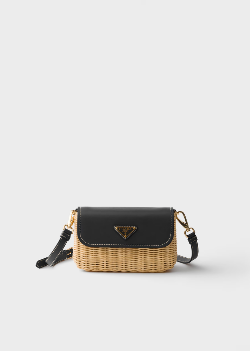 Prada Small Wicker and Leather Shoulder Bag in Tan/Black