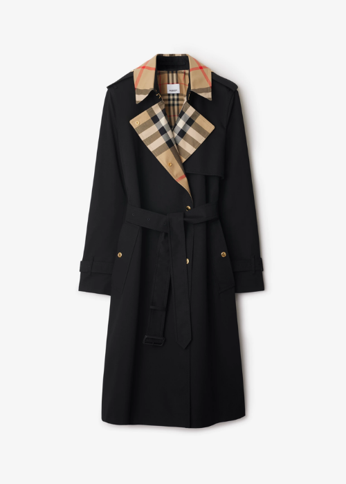 Long Check Collar Gabardine Trench Coat