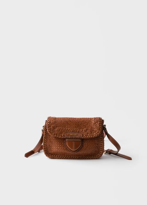 Prada Woven Leather Mini Shoulder Bag in Cognac