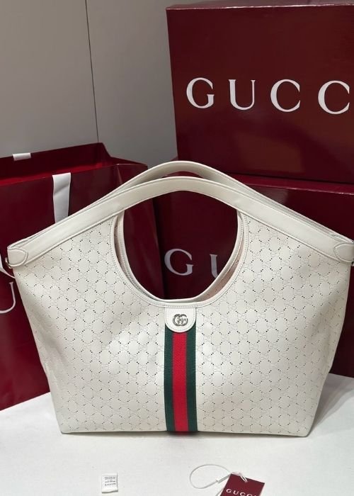 Gucci Giglio Small Tote Bag in White Perforated GG Leather