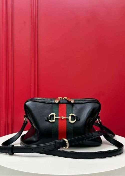 Gucci Horsebit Web Small Camera Bag in Black Soft Leather