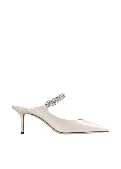 Linen Patent Leather Mules with Crystal Details