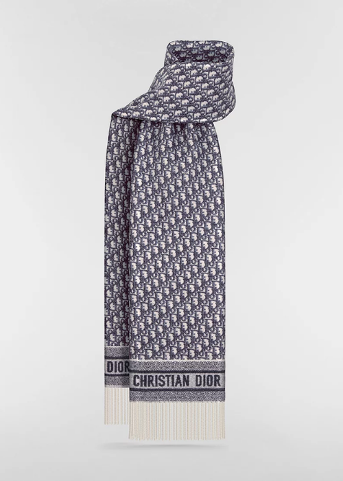 Dior Oblique Scarf Ecru and Navy Blue Cashmere