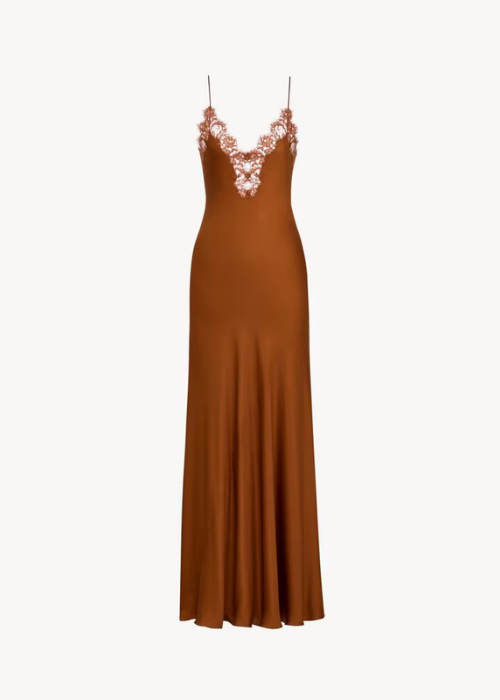 slip dress in silk satin and lace in Gold