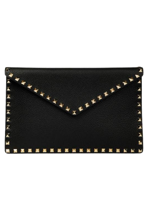 Valentino Rockstud P Large Clutch Bag in Grainy Calfskin Leather