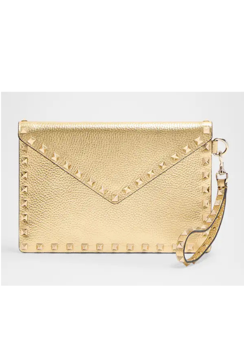 Valentino Rockstud P Large Clutch Bag in Grainy Calfskin Leather