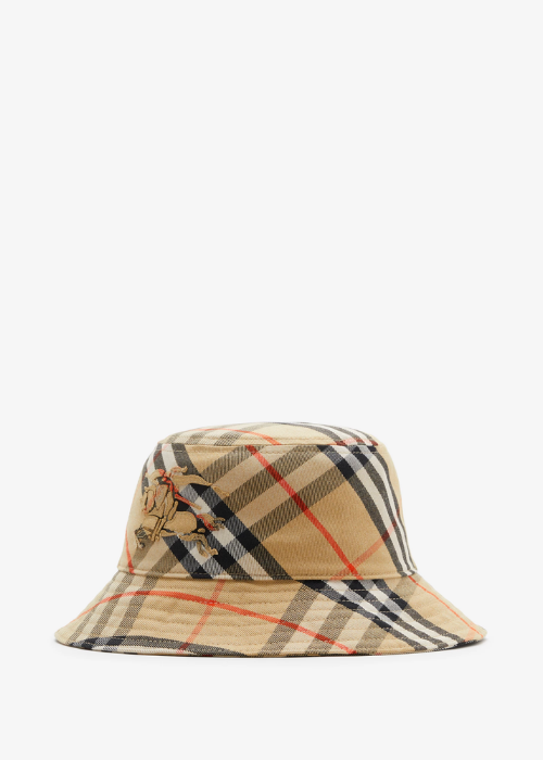 Check Cotton Bucket Hat in Sand beige