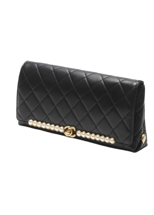 Lambskin Quilted Pearl Clutch – Black
