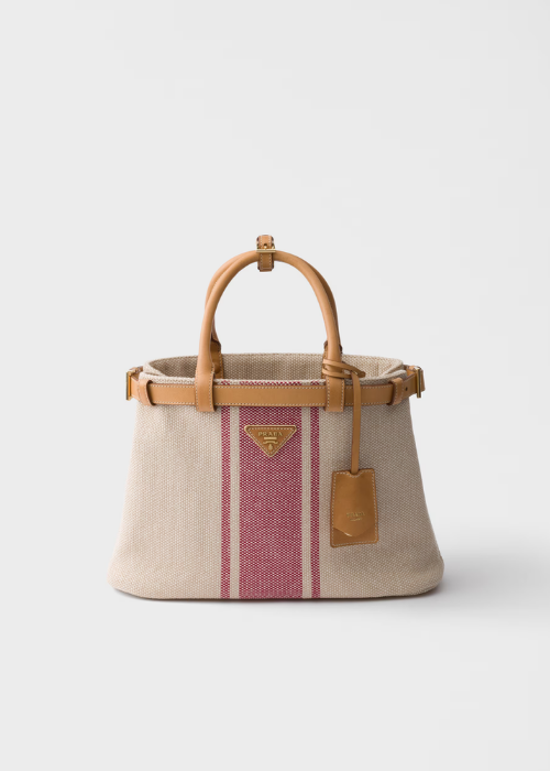 Prada Buckle Small Canvas and Leather Bag in Tan/Red