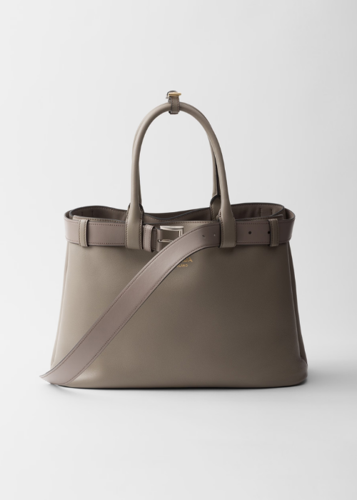 Prada Buckle Large Leather Handbag with Belt in Clay Gray