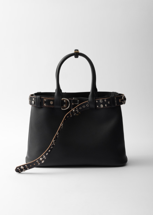 Prada Buckle Large Leather Bag with Studded Belt – Black