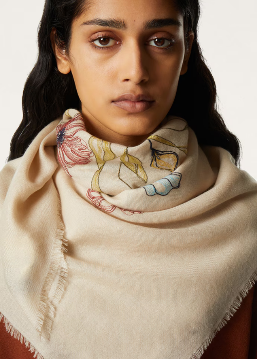 Il Bouquet Shawl Cashmere Beige Paper Embroidery 