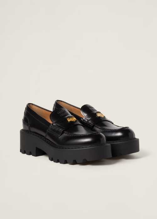 Black Brushed Leather Loafers | Miu Miu