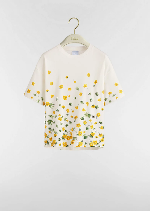 Oversized Cropped T-Shirt White Cotton with Yellow