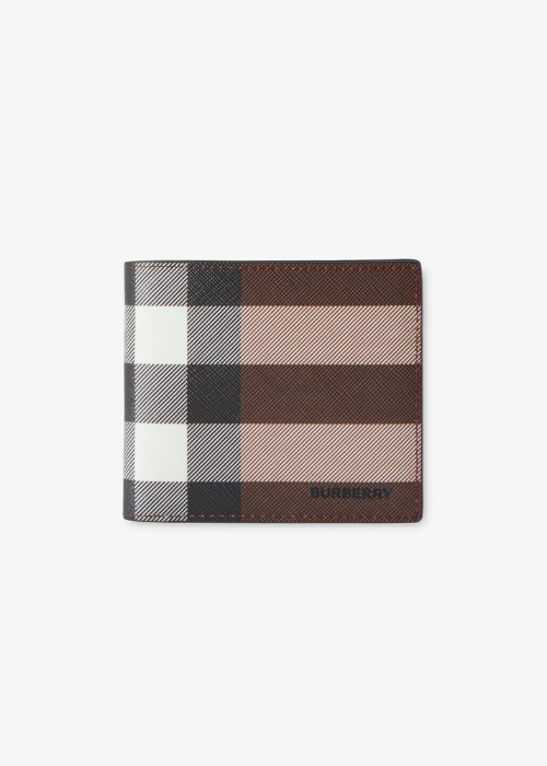 Check and Leather Bifold Wallet in Dark birch brown
