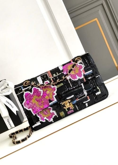 Chanel Tweed Pattern Floral Sequin Classic Flap Bag