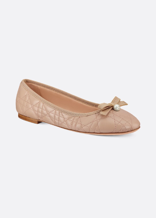 Calfskin Ballet Flat Pink Quilted Canvas