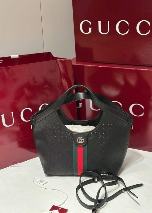 Gucci Giglio Small Tote Bag in Black Perforated GG Leather