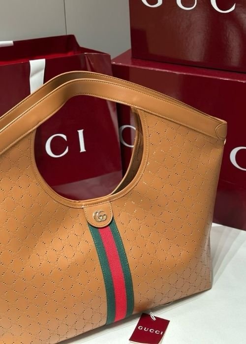Gucci Giglio Large Tote Bag in Camel Perforated GG Leather