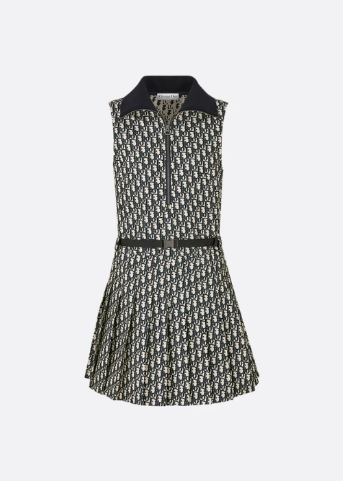 Pleated Short Dress Blue and Ecru Technical 