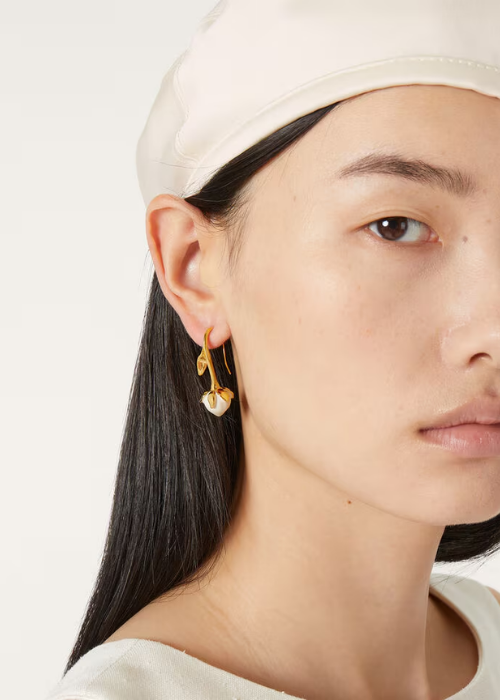 Linen Flower Bud Earrings Brass Whisper White