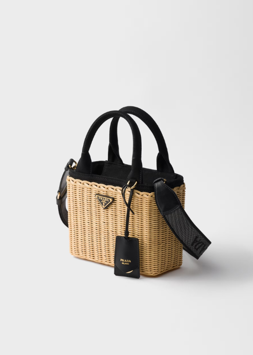Prada Small Wicker and Canvas Tote Bag — Tan/Black